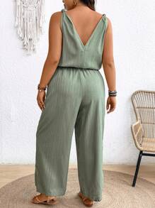 SHEIN Frenchy 大码泥土纹理绉布吊带连体裤，带蝴蝶结腰部和 V 领 - 綠色 - 查看 2