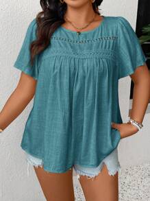 SHEIN Frenchy 大尺碼圓領純色荷葉邊短袖休閒夏季上衣 - 水鴨藍 - 查看 1