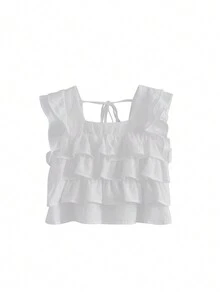 女士纯色荷叶边系带露脐上衣 休闲白色 - 白色 - 查看 3