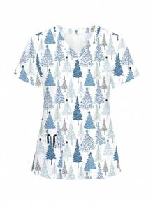 樹印花鈕前外科服上衣 - 白色 - 查看 1