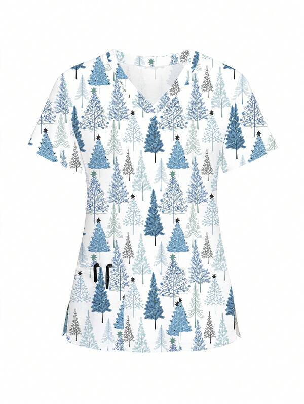 Tree Print Button Front Scrub Top