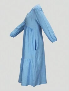 Light Blue Long Sleeve V-Neck Long Dress With Pockets, Autumn/Winter - Baby Blue - View 3