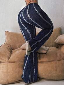 Plus Size Women's Striped Print Fashion Leggings - Navy Blue - View 2