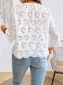 SHEIN Frenchy Plus Size Embroidered Commuter French Style Women's Shirt With Binding Straps - White - View 2