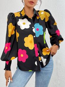 EMERY ROSE Women's Colorful Floral Printed Simple Daily Long Sleeve Shirt,Long Sleeve Tops Fall Cloth For Women - Black - View 5
