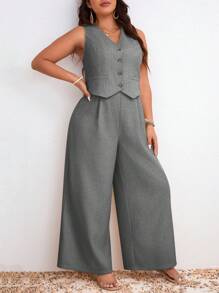 SHEIN Frenchy Plus Size Striped Front Button Vest And Wide Leg Pants Holiday Casual Two-Piece Set - Black - View 2