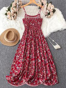 SHEIN LUNE 大码女式波西米亚风碎花节日休闲长款吊带连衣裙新年女装夏季 - 紅色 - 查看 2