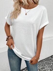 SHEIN LUNE Women's Solid Color Round Neck Batwing Short Sleeve T-Shirt