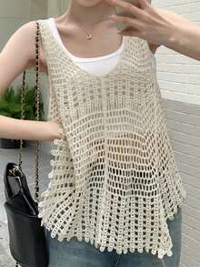 實心空心針織毛衣背心 - 杏色 - 查看 5