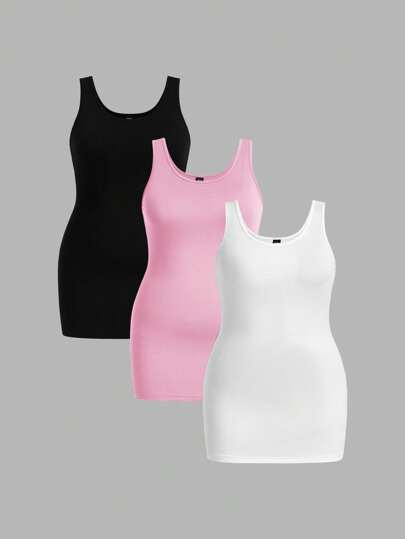 SHEIN Essnce Plus Size Women's Summer Fashion Casual Sports Commuting Versatile 3-Piece Black White Khaki Slim Long Tank Top