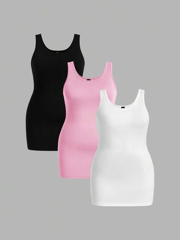 SHEIN Essnce Plus Size Women's Summer Fashion Casual Sports Commuting Versatile 3-Piece Black White Khaki Slim Long Tank Top