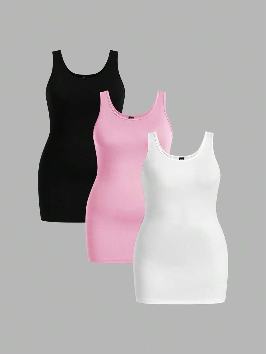 SHEIN Essnce Plus Size Nữ Mùa Hè Thời Trang Thể Thao Đi Lại Đa Năng 3 Màu Đen Kaki Trắng Slim Dài Bể - Hồng - Xem 1