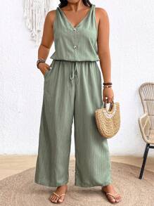 SHEIN Frenchy 大码泥土纹理绉布吊带连体裤，带蝴蝶结腰部和 V 领 - 綠色 - 查看 4