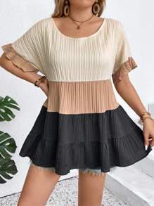 Breezaya Blouse à manches volantées de blocs de couleurs décontractée pour les vacances de grande taille