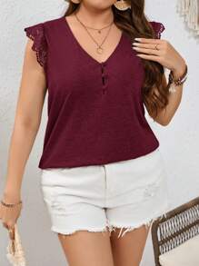 SHEIN Frenchy Plus Size Women's Solid Color Contrast Lace Flounce Sleeve Summer T-Shirt - Burgundy - View 2