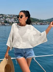 EURMUSE Blusas de punto con detalles de flores y calados para mujer, para verano, vacaciones y playa - Beis - Ver 7