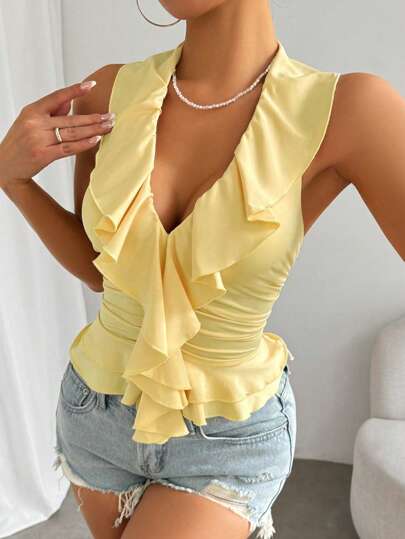 Chiquease Women's Summer Elegant Solid-Color Ruffled Slim-Fit Halter Neck Camisole