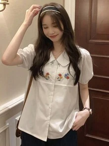 新款夏季时尚少女刺绣宽松短袖女式衬衫上衣度假休闲白色 - 白色 - 查看 5
