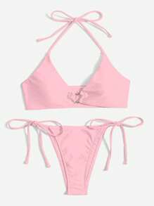 Swim Mod Women's Solid Color Halter Halter Sexy Bikini Set For Summer Beach, 2pcs - Pink - View 7