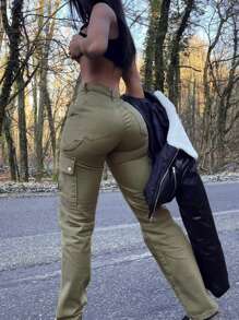 Women Casual Solid Color Multipocket Cargo Pants - Màu xanh Ô liu - Xem 2