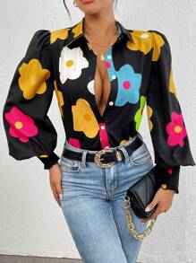 EMERY ROSE Women's Colorful Floral Printed Simple Daily Long Sleeve Shirt,Long Sleeve Tops Fall Cloth For Women - Black - View 1