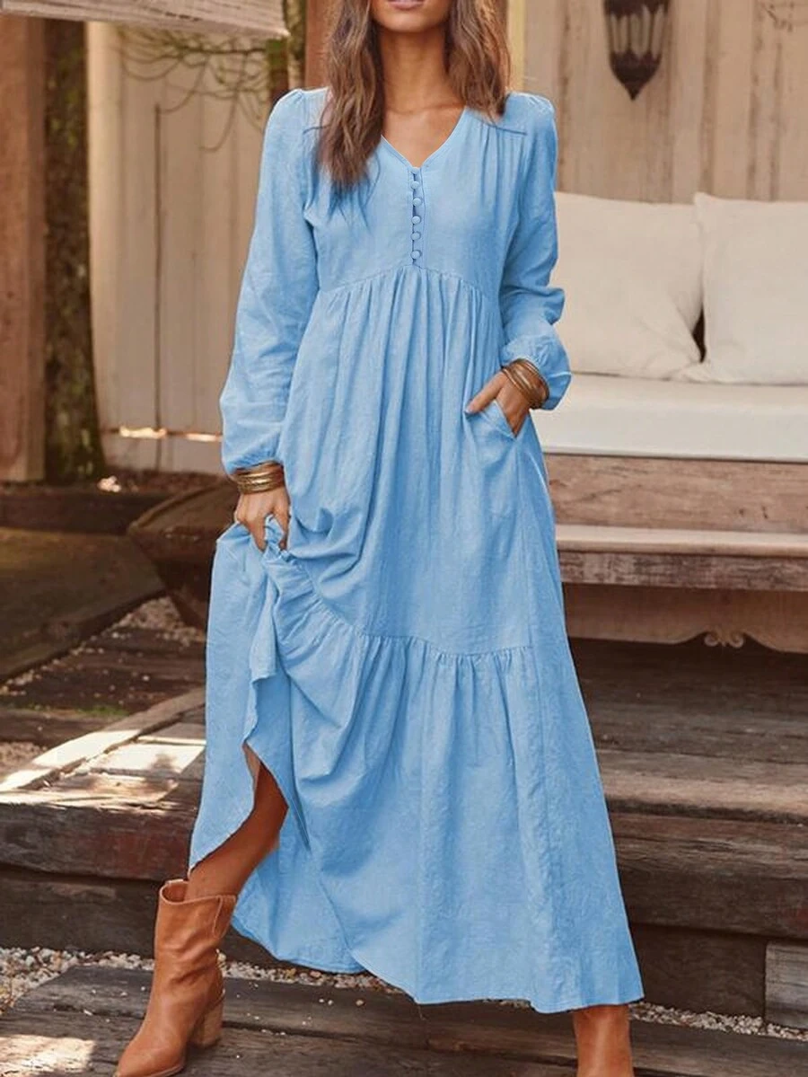 Light Blue Long Sleeve V-Neck Long Dress With Pockets, Autumn/Winter - Baby Blue - View 1