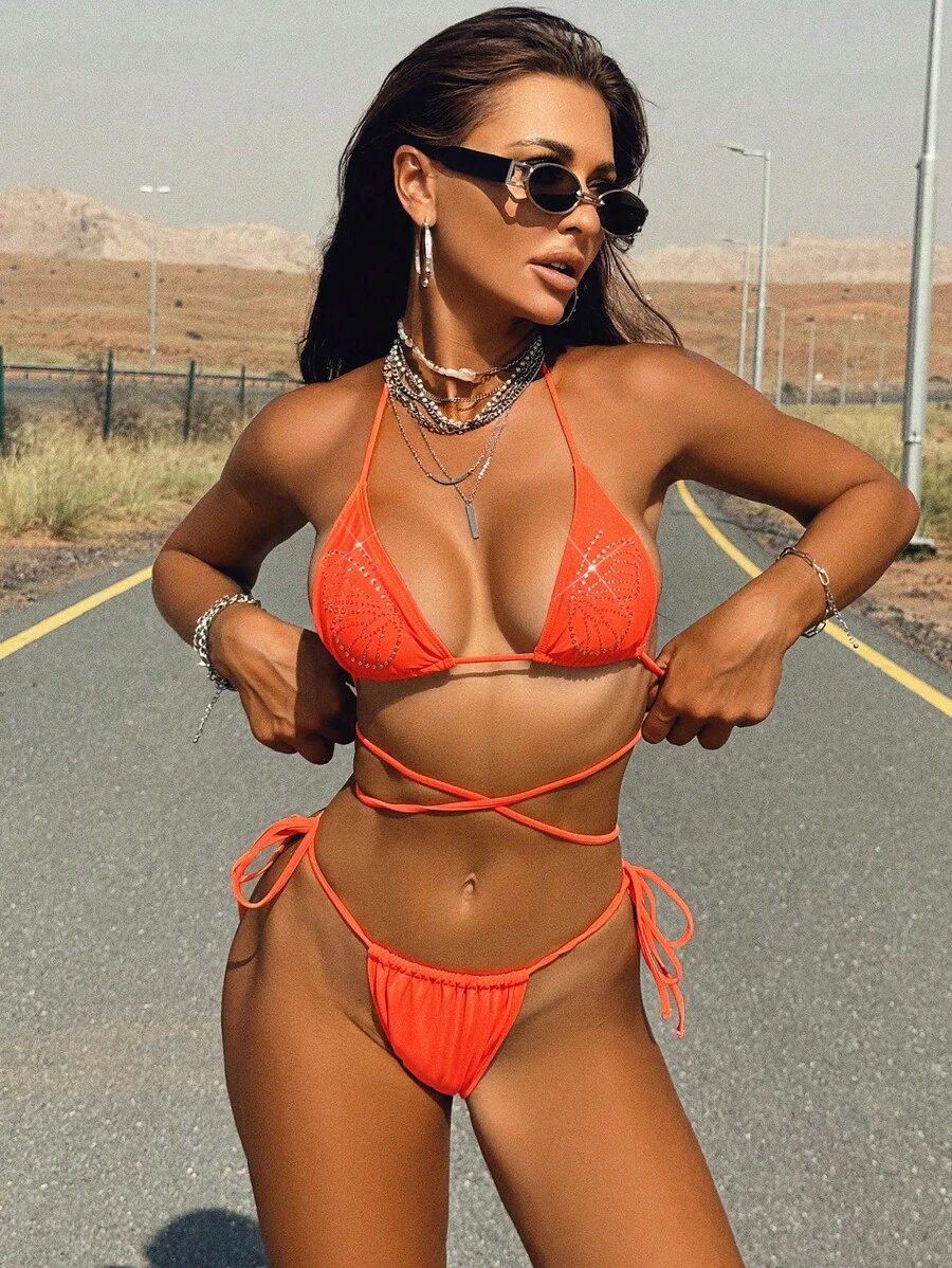 Swim EVENT Women's Vacation Rhinestone Butterfly Decor Orange Halter Neck Tie Sexy Bikini Set Summer - Burnt Orange - View 1