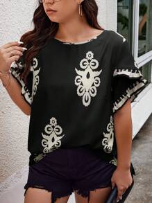 Breezaya 大尺碼女裝隨機花卉印花度假寬鬆短袖T恤，圓領 - 黑色 - 查看 4