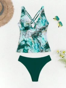 Swim Vcay Áo cổ chữ V in hình toàn thân và quần tam giác Tankini màu trơn, Bộ đồ bơi Tankinis mùa hè - Nhiều màu - Xem 6