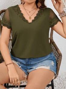 SHEIN Frenchy 大码女式蕾丝拼接短袖夏季衬衫 - 軍綠色 - 查看 1