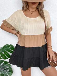 Breezaya Blouse à manches volantées de blocs de couleurs décontractée pour les vacances de grande taille