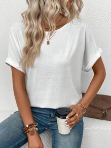 SHEIN LUNE Women's Solid Color Round Neck Batwing Short Sleeve T-Shirt