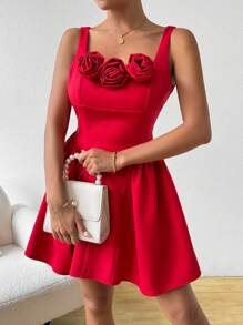 Chiquease Váy Cami xếp ly hoa nổi mùa hè - Đỏ - Xem 4