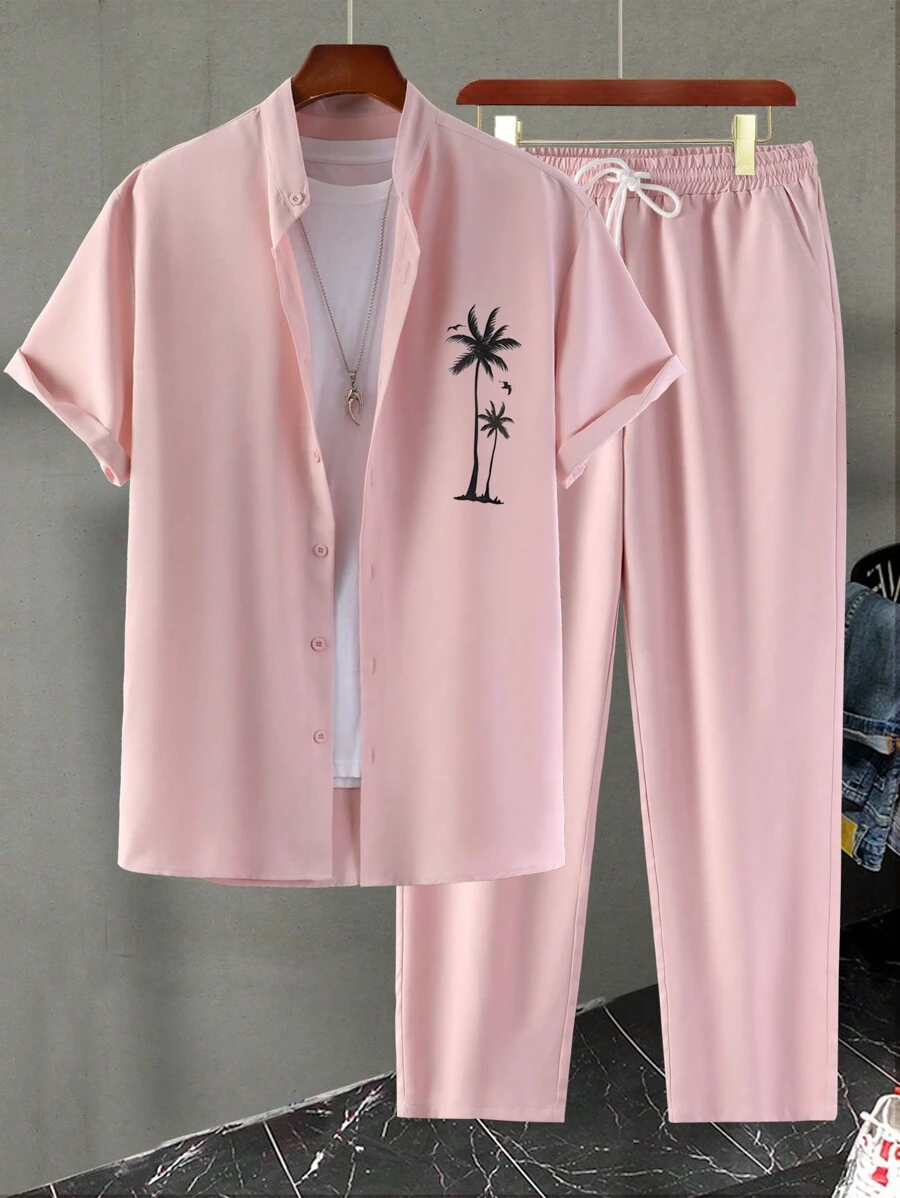 Men's Linen-Like Palm Tree Print Single-Breasted Short Sleeve Shirt And Drawstring Pants Set, Cozy Outfits