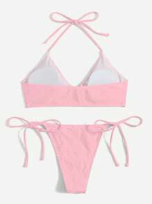 Swim Mod Women's Solid Color Halter Halter Sexy Bikini Set For Summer Beach, 2pcs - Pink - View 2