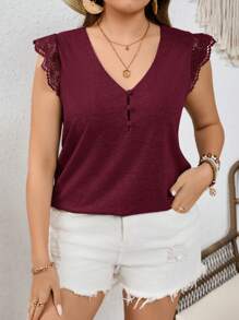 SHEIN Frenchy Plus Size Women's Solid Color Contrast Lace Flounce Sleeve Summer T-Shirt - Burgundy - View 1