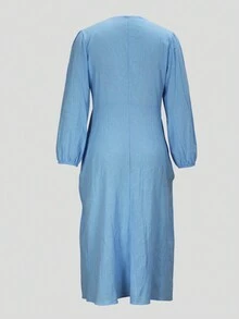Light Blue Long Sleeve V-Neck Long Dress With Pockets, Autumn/Winter - Baby Blue - View 2