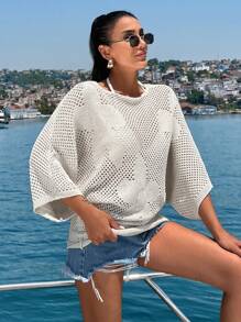 EURMUSE Blusas de punto con detalles de flores y calados para mujer, para verano, vacaciones y playa - Beis - Ver 8