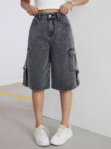 SHEIN Teen Girl Loose Casual Seven-Point Denim Pants With Utility Pockets