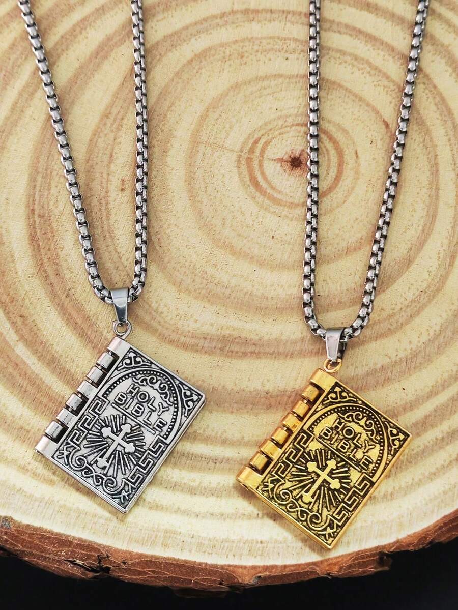 1入時尚復古聖經書籍設計心形吊墜項鍊，適合日常佩戴 - 書本 - 查看 1