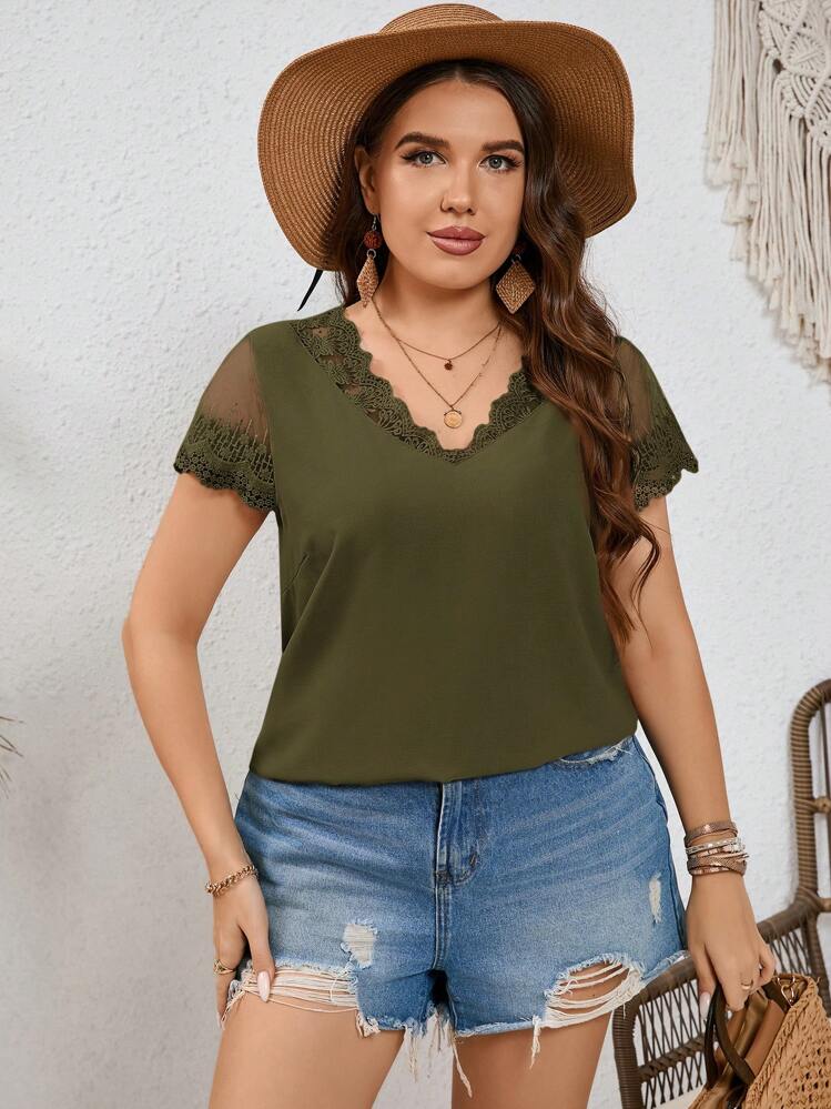 SHEIN Frenchy 大码女式蕾丝拼接短袖夏季衬衫 - 軍綠色 - 查看 3