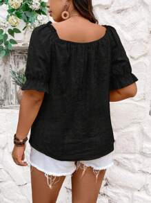 SHEIN Essnce Plus Size Áo sơ mi ngắn tay xếp li viền ren hoa màu trơn, mùa hè - màu đen - Xem 2