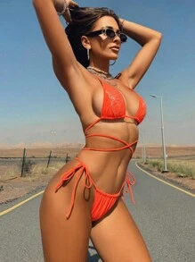 Swim EVENT Women's Vacation Rhinestone Butterfly Decor Orange Halter Neck Tie Sexy Bikini Set Summer - Burnt Orange - View 7