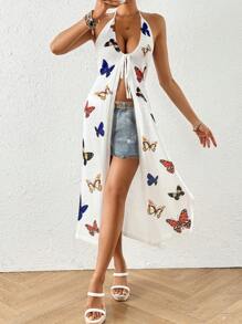 Breezaya 夏季沙灘度假浪漫長款編織綁帶針織開衫，分裂式下擺，頸部掛件 - 彩色 - 查看 3