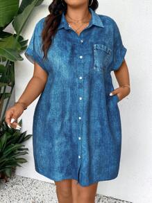 SHEIN Frenchy 大码休闲牛仔效果印花衬衫领连衣裙 - 藍色 - 查看 3