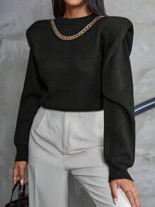 EURMUSE Casual Golden Chain Detailed Plain Pattern Sweater With Shoulder Pad - Black - View 1