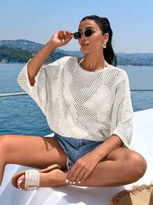 EURMUSE Blusas de punto con detalles de flores y calados para mujer, para verano, vacaciones y playa - Beis - Ver 3