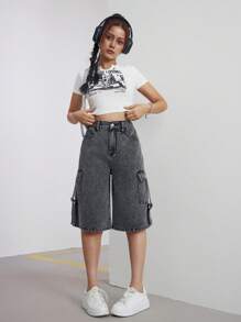 SHEIN Teen Girl Loose Casual Seven-Point Denim Pants With Utility Pockets