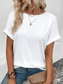 SHEIN LUNE Women's Solid Color Round Neck Batwing Short Sleeve T-Shirt