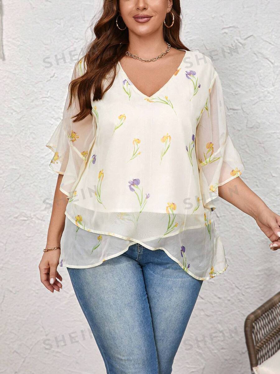 SHEIN Privé Damen Große Größen Oversize Bluse mit Blumendruck und Rüschenverzierung - Verschiedenfarbig - Übersicht 1
